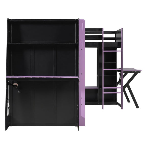 English Elm Queen Murphy Wall Bed with Five Shelf Cabinet MDF Plywood Studio Space Saver Purple LT000245AAI