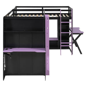English Elm Queen Murphy Wall Bed with Five Shelf Cabinet MDF Plywood Studio Space Saver Purple LT000245AAI