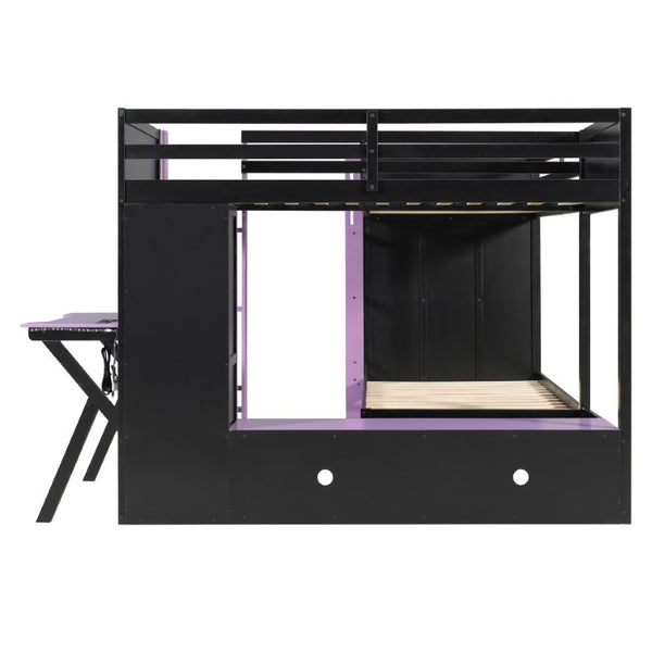 English Elm Queen Murphy Wall Bed with Five Shelf Cabinet MDF Plywood Studio Space Saver Purple LT000245AAI