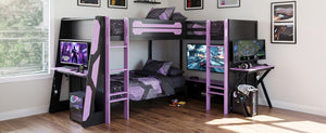 English Elm Queen Murphy Wall Bed with Five Shelf Cabinet MDF Plywood Studio Space Saver Purple LT000245AAI