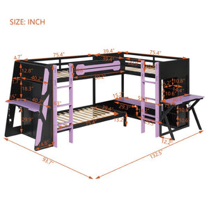 English Elm Queen Murphy Wall Bed with Five Shelf Cabinet MDF Plywood Studio Space Saver Purple LT000245AAI