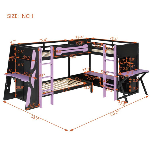 English Elm Queen Murphy Wall Bed with Five Shelf Cabinet MDF Plywood Studio Space Saver Purple LT000245AAI
