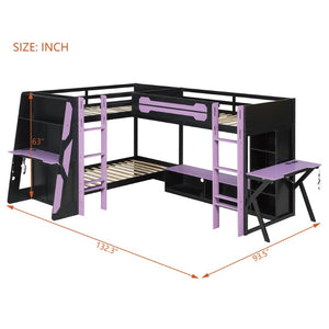 English Elm Queen Murphy Wall Bed with Five Shelf Cabinet MDF Plywood Studio Space Saver Purple LT000245AAI