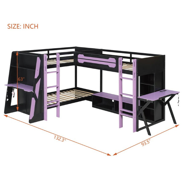 English Elm Queen Murphy Wall Bed with Five Shelf Cabinet MDF Plywood Studio Space Saver Purple LT000245AAI