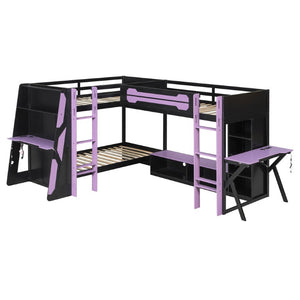 English Elm Queen Murphy Wall Bed with Five Shelf Cabinet MDF Plywood Studio Space Saver Purple LT000245AAI