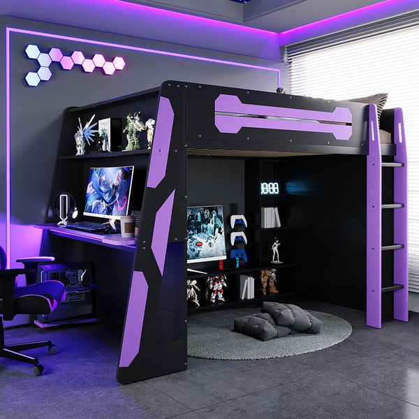 English Elm Full Size Gaming Loft Bed with Rgb Lighting Desk and Multi-tier Storage Shelves LT000260AAI
