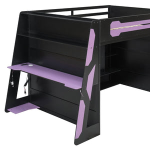 English Elm Full Size Gaming Loft Bed with Rgb Lighting Desk and Multi-tier Storage Shelves LT000260AAI