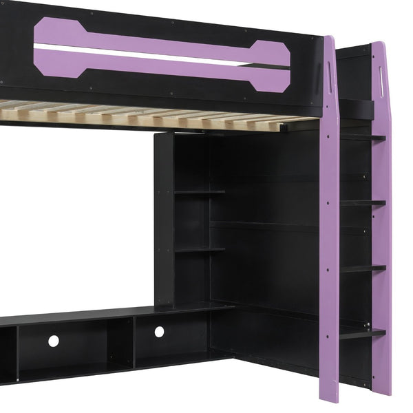 English Elm Full Size Gaming Loft Bed with Rgb Lighting Desk and Multi-tier Storage Shelves LT000260AAI