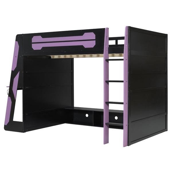 English Elm Full Size Gaming Loft Bed with Rgb Lighting Desk and Multi-tier Storage Shelves LT000260AAI