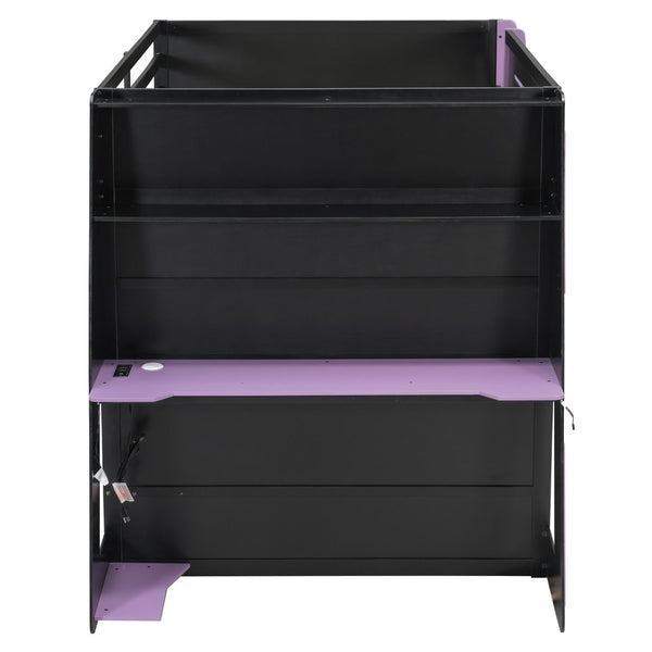 English Elm Full Size Gaming Loft Bed with Rgb Lighting Desk and Multi-tier Storage Shelves LT000260AAI