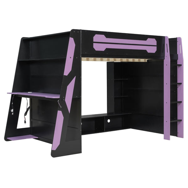 English Elm Full Size Gaming Loft Bed with Rgb Lighting Desk and Multi-tier Storage Shelves LT000260AAI