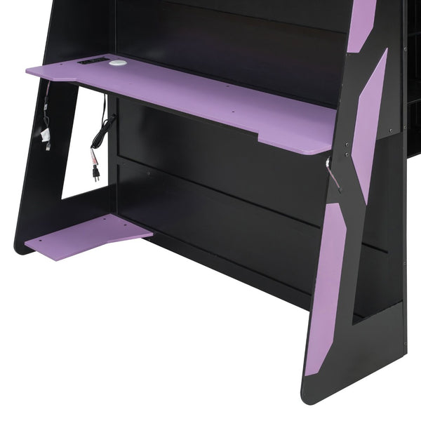 English Elm Full Size Gaming Loft Bed with Rgb Lighting Desk and Multi-tier Storage Shelves LT000260AAI