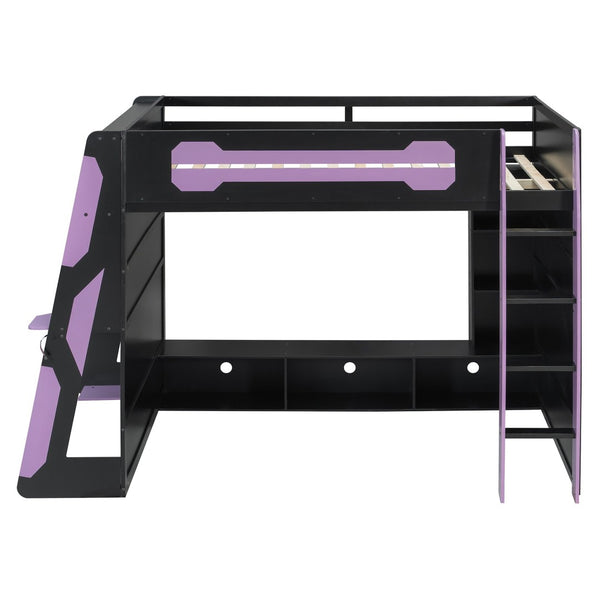 English Elm Full Size Gaming Loft Bed with Rgb Lighting Desk and Multi-tier Storage Shelves LT000260AAI