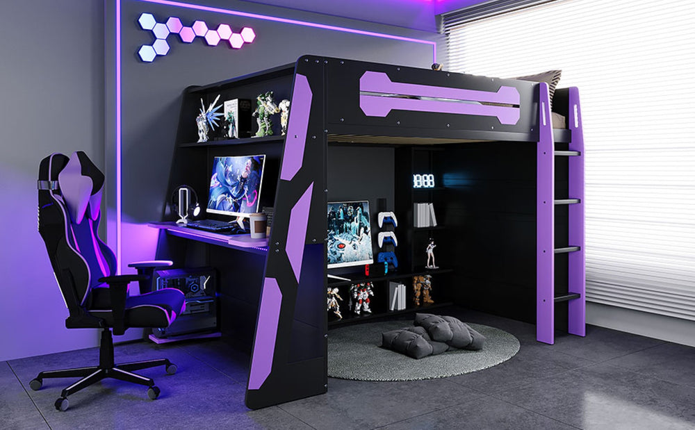 English Elm Full Size Gaming Loft Bed with Rgb Lighting Desk and Multi-tier Storage Shelves LT000260AAI