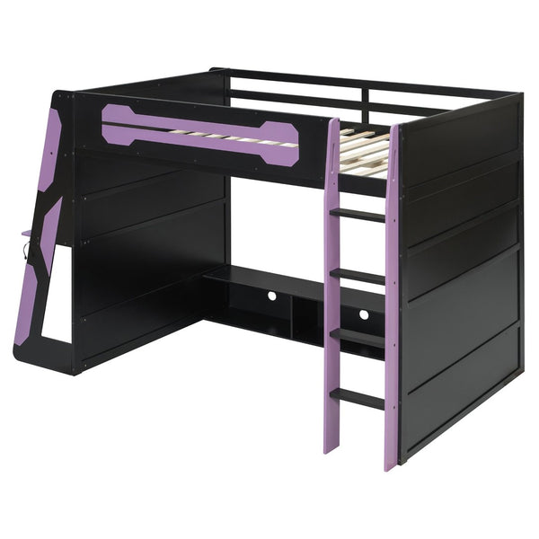 English Elm Full Size Gaming Loft Bed with Rgb Lighting Desk and Multi-tier Storage Shelves LT000260AAI