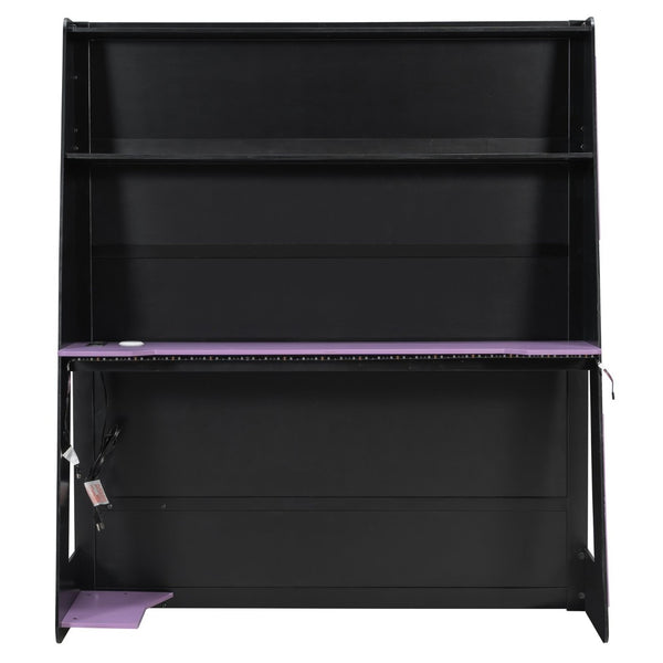 English Elm Full Size Gaming Loft Bed with Rgb Lighting Desk and Multi-tier Storage Shelves LT000260AAI