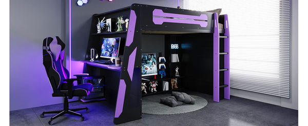 English Elm Full Size Gaming Loft Bed with Rgb Lighting Desk and Multi-tier Storage Shelves LT000260AAI