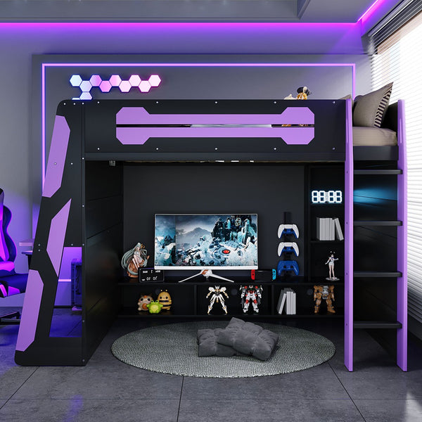English Elm Full Size Gaming Loft Bed with Rgb Lighting Desk and Multi-tier Storage Shelves LT000260AAI