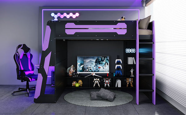 English Elm Full Size Gaming Loft Bed with Rgb Lighting Desk and Multi-tier Storage Shelves LT000260AAI