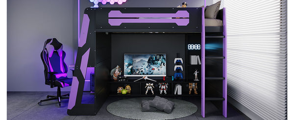 English Elm Full Size Gaming Loft Bed with Rgb Lighting Desk and Multi-tier Storage Shelves LT000260AAI