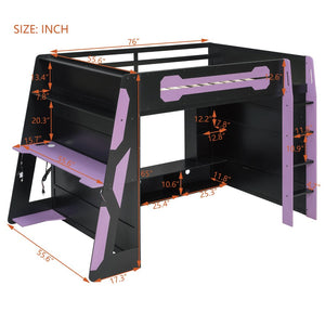 English Elm Full Size Gaming Loft Bed with Rgb Lighting Desk and Multi-tier Storage Shelves LT000260AAI