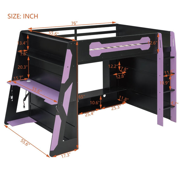 English Elm Full Size Gaming Loft Bed with Rgb Lighting Desk and Multi-tier Storage Shelves LT000260AAI