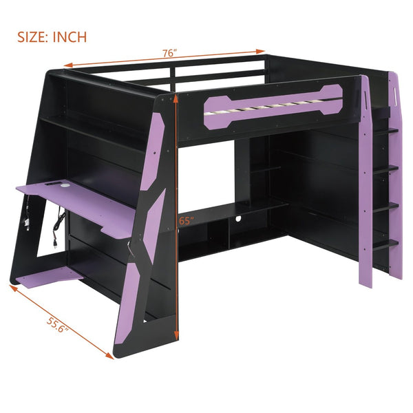 English Elm Full Size Gaming Loft Bed with Rgb Lighting Desk and Multi-tier Storage Shelves LT000260AAI