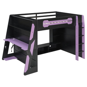 English Elm Full Size Gaming Loft Bed with Rgb Lighting Desk and Multi-tier Storage Shelves LT000260AAI