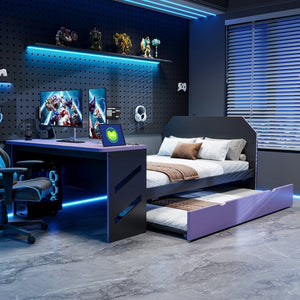 English Elm Full Size Wood Daybed with Trundle Twin Desk Usb Port Gaming Teen Bedroom LT000262AAI