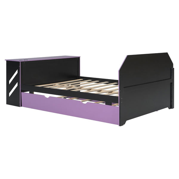 English Elm Full Size Wood Daybed with Trundle Twin Desk Usb Port Gaming Teen Bedroom LT000262AAI