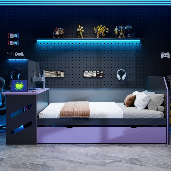 English Elm Full Size Wood Daybed with Trundle Twin Desk Usb Port Gaming Teen Bedroom LT000262AAI