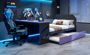 English Elm Full Size Wood Daybed with Trundle Twin Desk Usb Port Gaming Teen Bedroom LT000262AAI