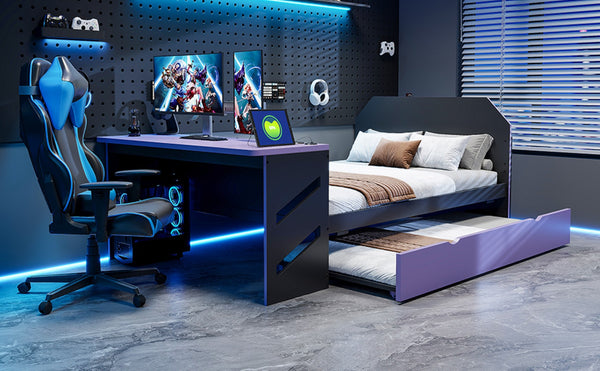 English Elm Full Size Wood Daybed with Trundle Twin Desk Usb Port Gaming Teen Bedroom LT000262AAI