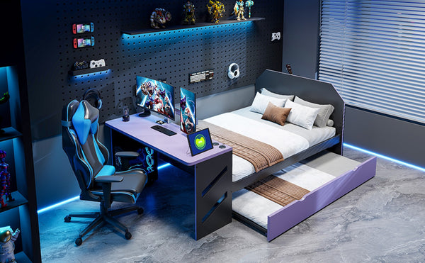 English Elm Full Size Wood Daybed with Trundle Twin Desk Usb Port Gaming Teen Bedroom LT000262AAI