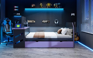 English Elm Full Size Wood Daybed with Trundle Twin Desk Usb Port Gaming Teen Bedroom LT000262AAI
