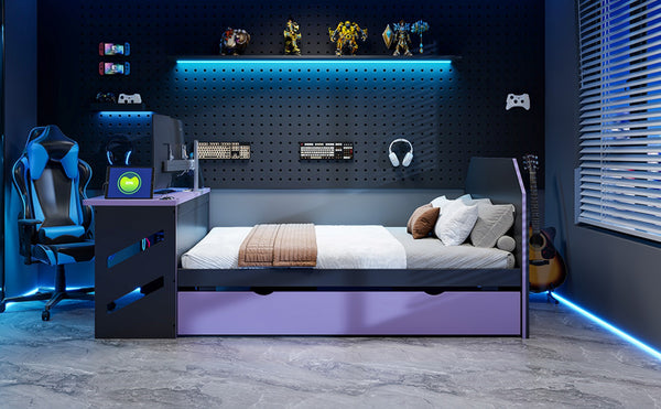English Elm Full Size Wood Daybed with Trundle Twin Desk Usb Port Gaming Teen Bedroom LT000262AAI