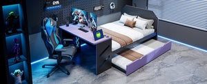 English Elm Full Size Wood Daybed with Trundle Twin Desk Usb Port Gaming Teen Bedroom LT000262AAI