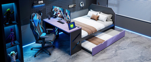 English Elm Full Size Wood Daybed with Trundle Twin Desk Usb Port Gaming Teen Bedroom LT000262AAI