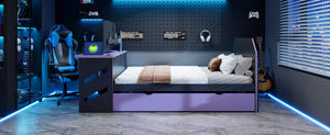 English Elm Full Size Wood Daybed with Trundle Twin Desk Usb Port Gaming Teen Bedroom LT000262AAI