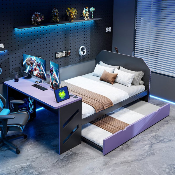English Elm Full Size Wood Daybed with Trundle Twin Desk Usb Port Gaming Teen Bedroom LT000262AAI