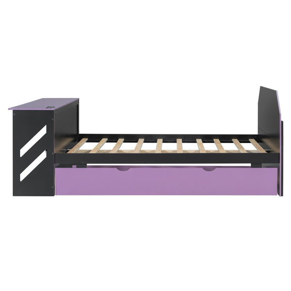 English Elm Full Size Wood Daybed with Trundle Twin Desk Usb Port Gaming Teen Bedroom LT000262AAI