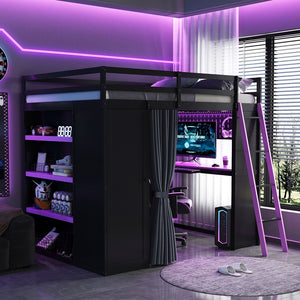 English Elm Full Size Loft Bed with Wardrobe Desk Shelves Rgb Lighting and Blackout Curtains LT000269AAI