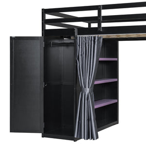 English Elm Full Size Loft Bed with Wardrobe Desk Shelves Rgb Lighting and Blackout Curtains LT000269AAI