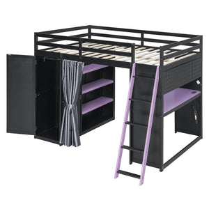 English Elm Full Size Loft Bed with Wardrobe Desk Shelves Rgb Lighting and Blackout Curtains LT000269AAI