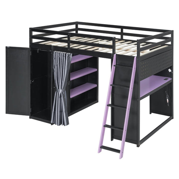 English Elm Full Size Loft Bed with Wardrobe Desk Shelves Rgb Lighting and Blackout Curtains LT000269AAI