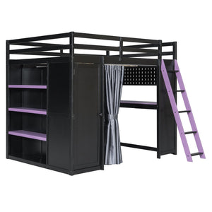 English Elm Full Size Loft Bed with Wardrobe Desk Shelves Rgb Lighting and Blackout Curtains LT000269AAI
