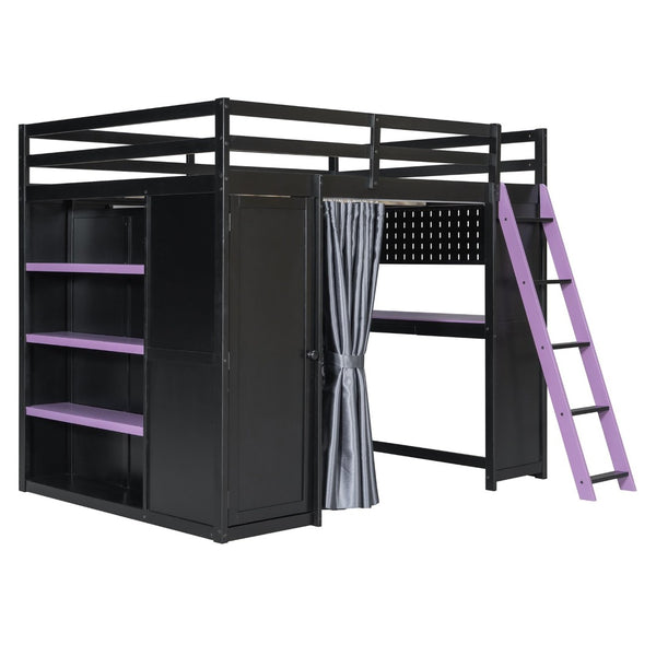 English Elm Full Size Loft Bed with Wardrobe Desk Shelves Rgb Lighting and Blackout Curtains LT000269AAI