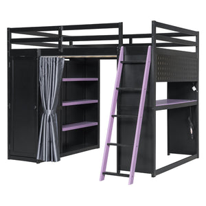 English Elm Full Size Loft Bed with Wardrobe Desk Shelves Rgb Lighting and Blackout Curtains LT000269AAI