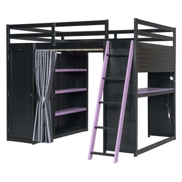 English Elm Full Size Loft Bed with Wardrobe Desk Shelves Rgb Lighting and Blackout Curtains LT000269AAI