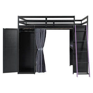 English Elm Full Size Loft Bed with Wardrobe Desk Shelves Rgb Lighting and Blackout Curtains LT000269AAI
